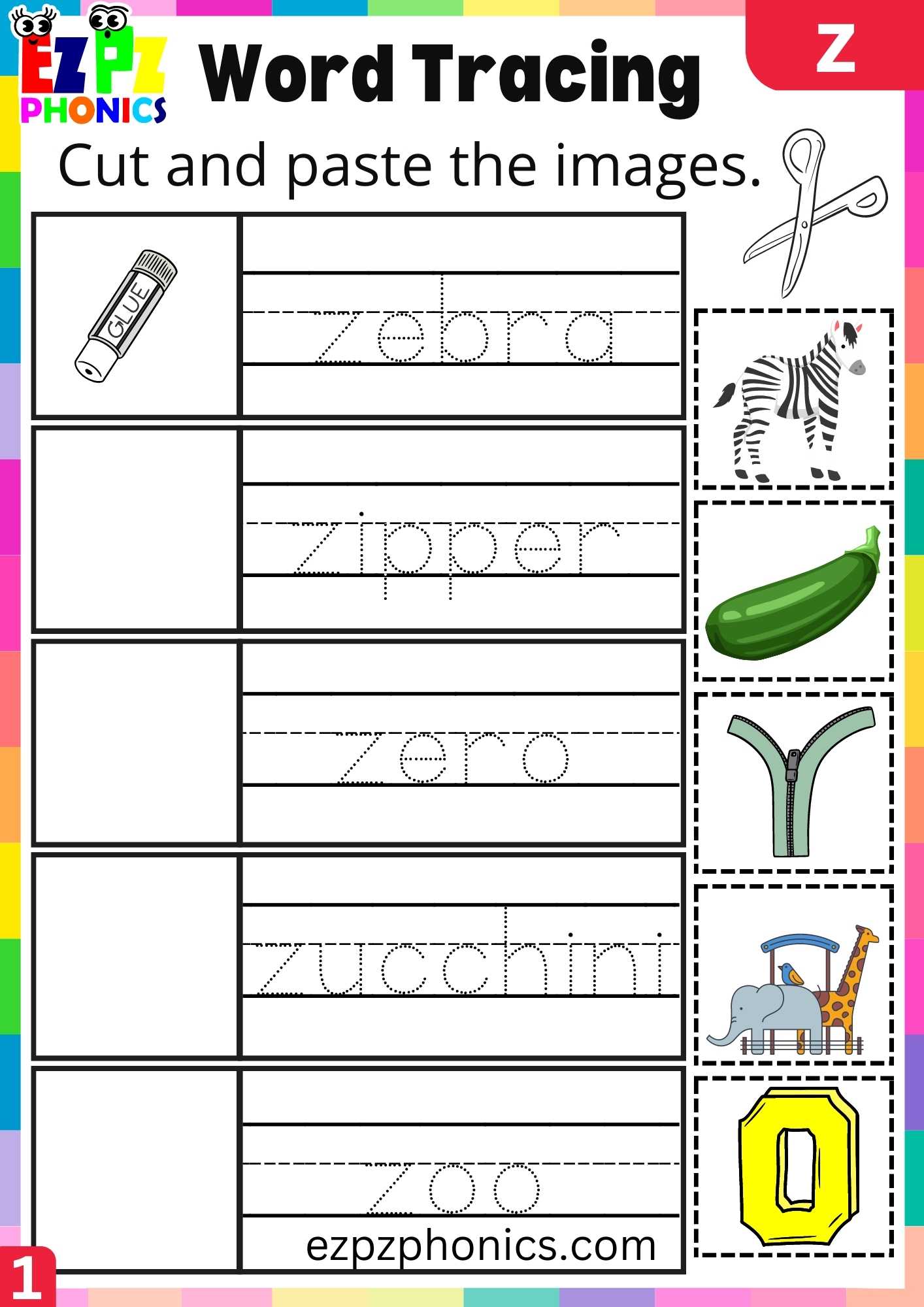 Letter Z Word Tracing Beginning Sounds Worksheet